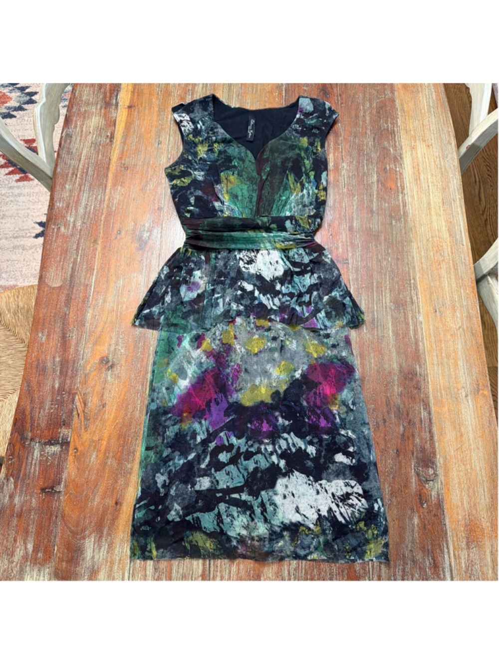 Elana Kattan Abstract Print Mesh Peplum Midi Dress XS Made in USA Fairy Grunge